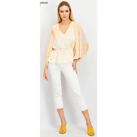 Vince Camuto V-Neck Balloon Sleeves Tie Dye Metallic Lining Top, Yellow S NWT - Picture 3 of 9